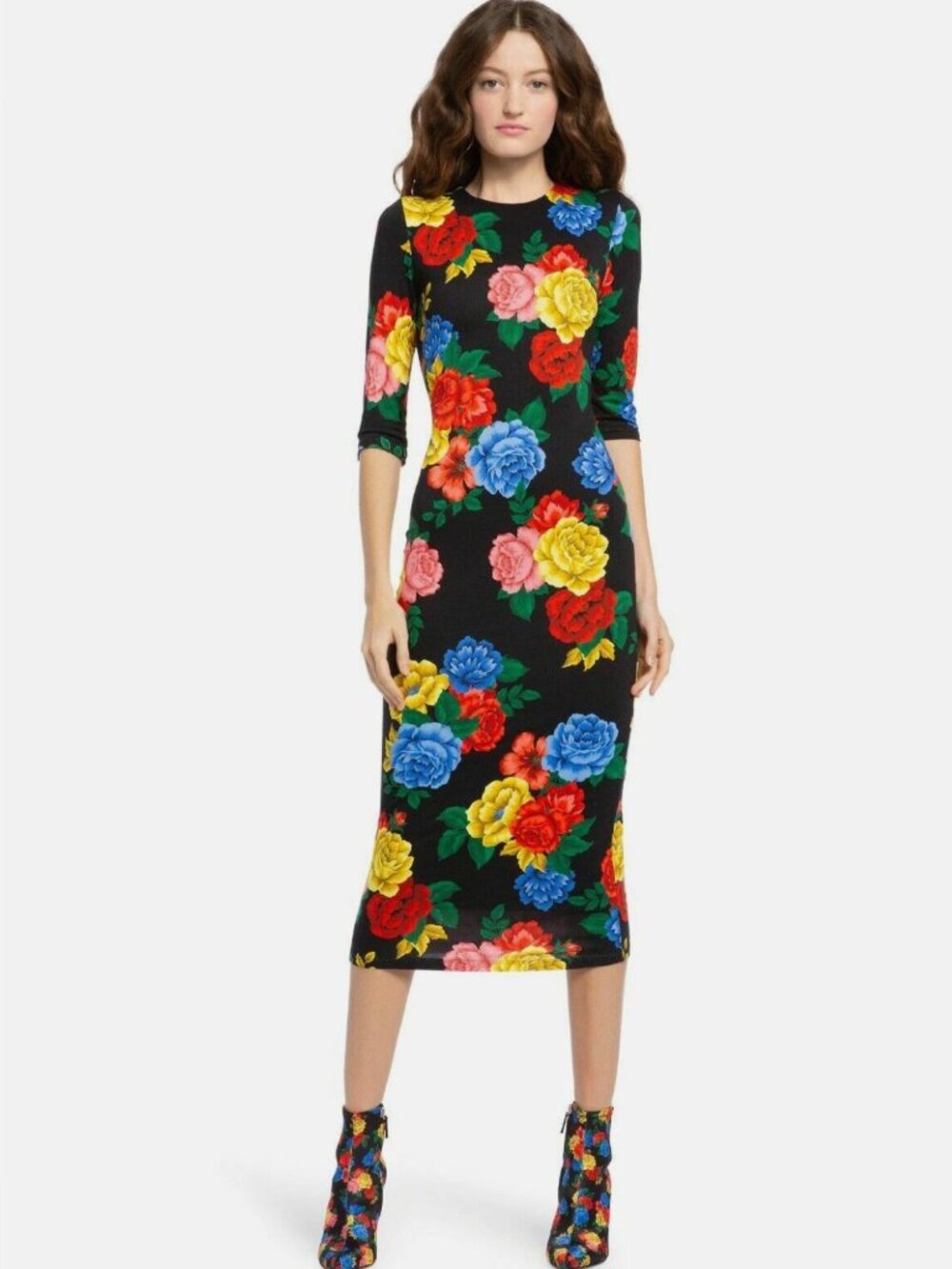 Alice + Olivia Black Red Blue Floral Midi Dress, Stretch, Lined 3/4 Sleeve, Sz 0